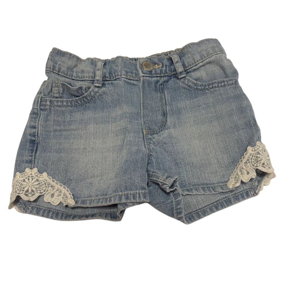 Girls Size 4 Blue Denim Shortalls with Lace Trim Summer Casual